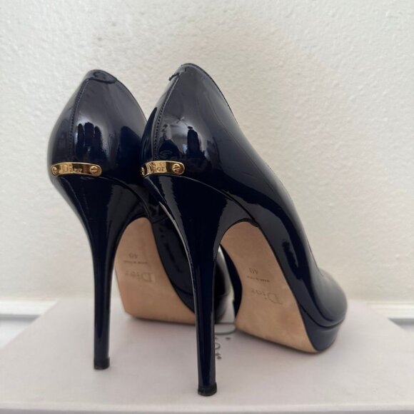 MISS DIOR Escarpin11 Patent Leather Navy Bleu fonce Veau Peep Toe Platform EU 40 - Picture 6 of 13